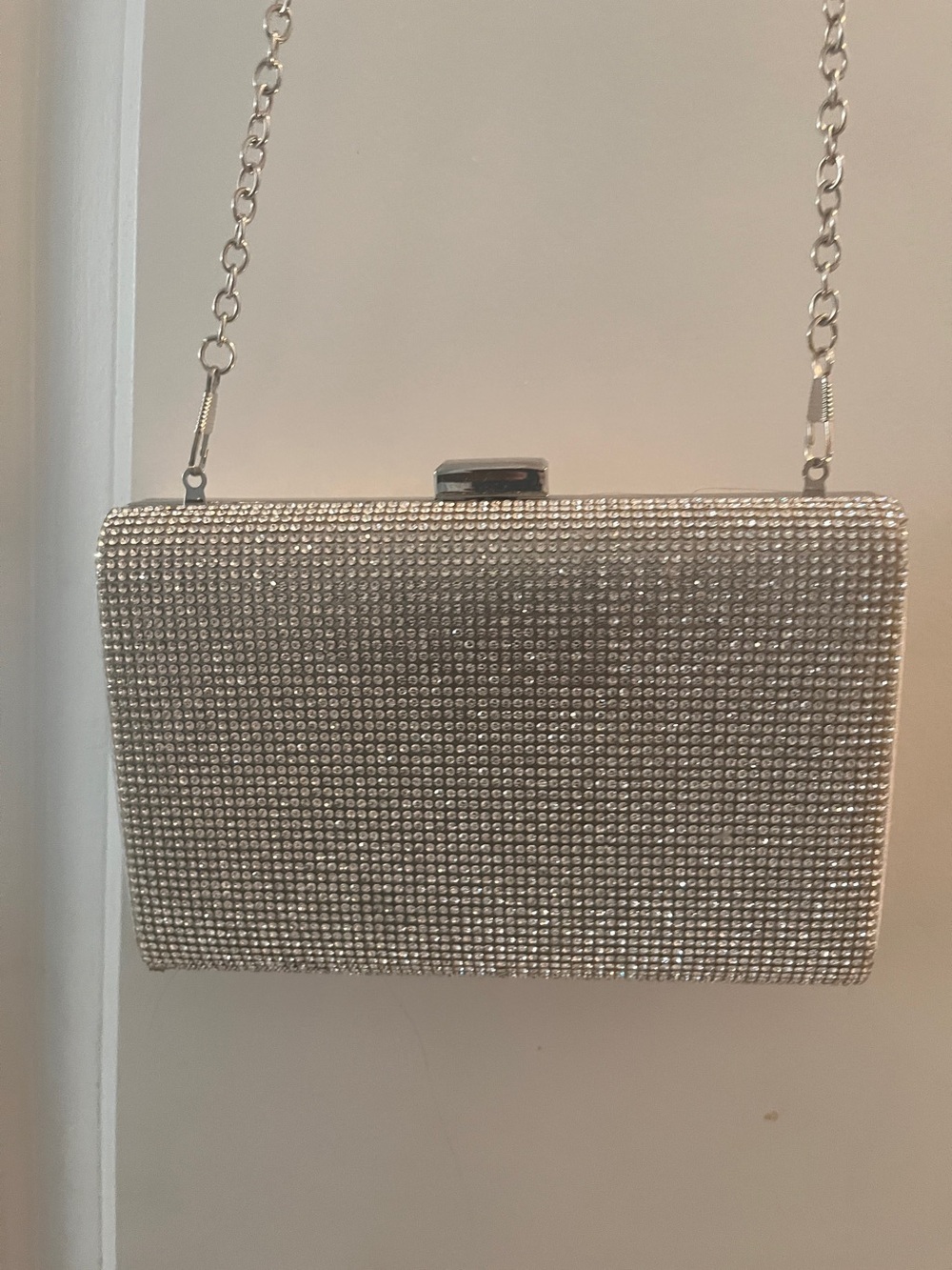 Silver Rhinestone Evening Clutch Purse. Crystal Crossbody Wedding Prom Bag